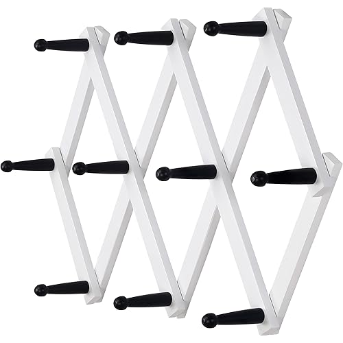 Dseap Accordian Wall Hanger: 16” High Wooden Wall Expandable Coat Rack, Hat Rack Holder, Accordion Hook for Baseball Caps, Coats, Mugs, 10 Peg Hooks, White & Black