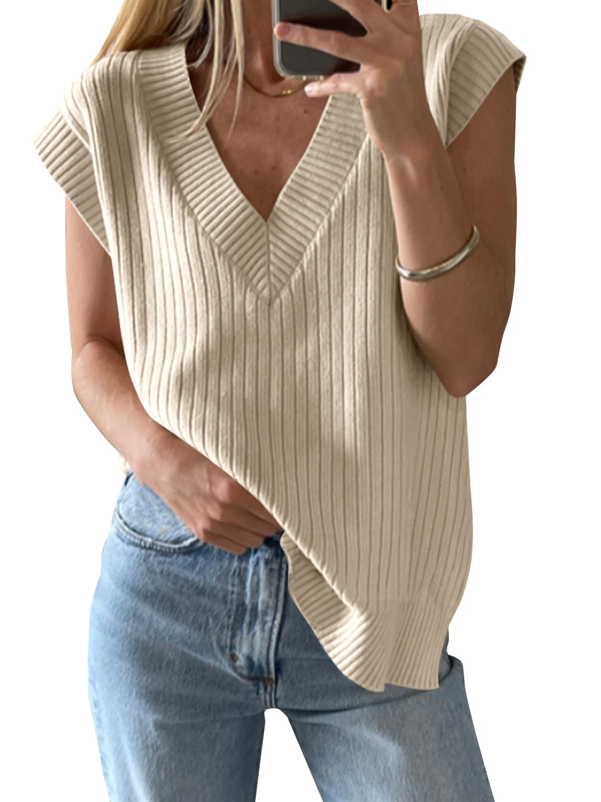 Saodimallsu Damen V-Ausschnitt Pullover Weste Oversized Ärmellos Tank Tops Leichtgewicht Strickpullover Sommer Elegante Oberteil