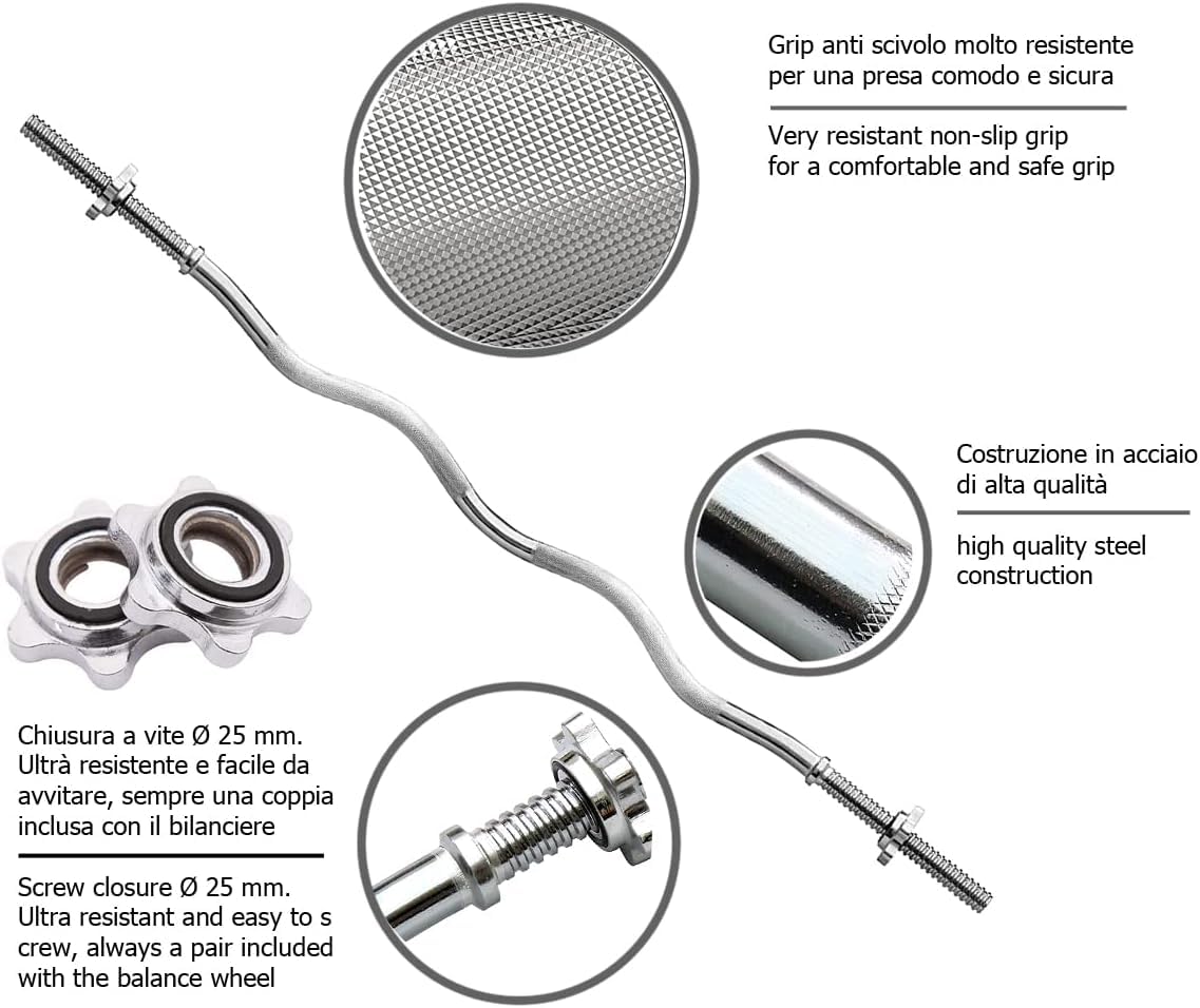 G5 HT SPORT【Kit Bilanciere Curl e Dischi in Ghisa (Foro 25 mm)】(10/15/20/30/40 kg), Set Pesi Completo con Chiusura a Vite, Per Bicipiti/Tricipiti, Allenamento in Palestra e Home Gym