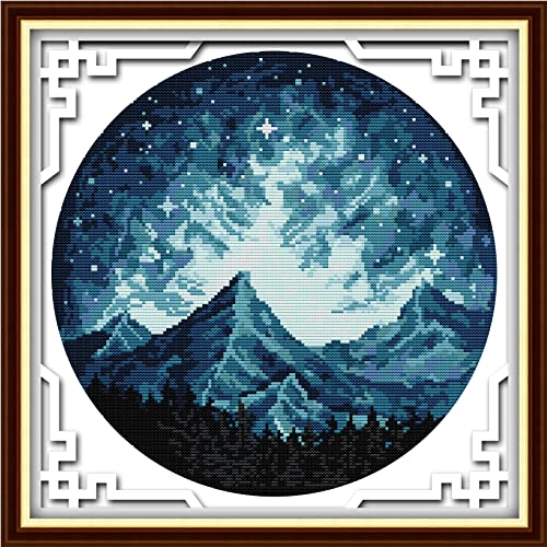 Svarog Stamped Cross Stitch Kits Beginners Full Range of Embroidery Patterns Starter Kits for Adult or Kids DIY Cross Stitches Needlepoint Kits 14CT-Moonlit Mountains 13.39x13.39 inch