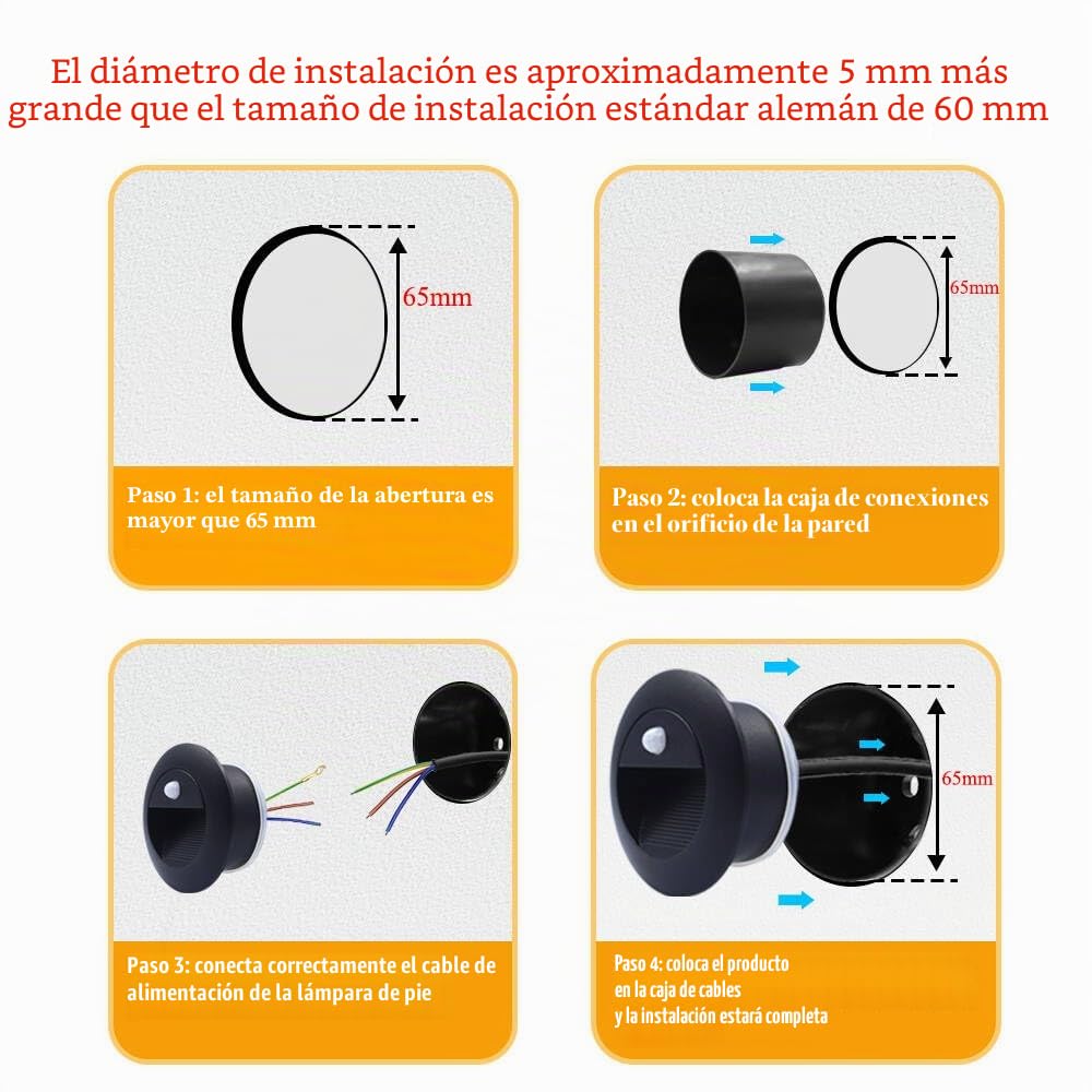8 led empotrables de pared con Sensor De Movimiento, 1.5W, 3000K, IP65, 65mm Luces Empotrables Para Escalones, aluminio, redondas, 230V, Apliques de pared de Luces de escalera, negro