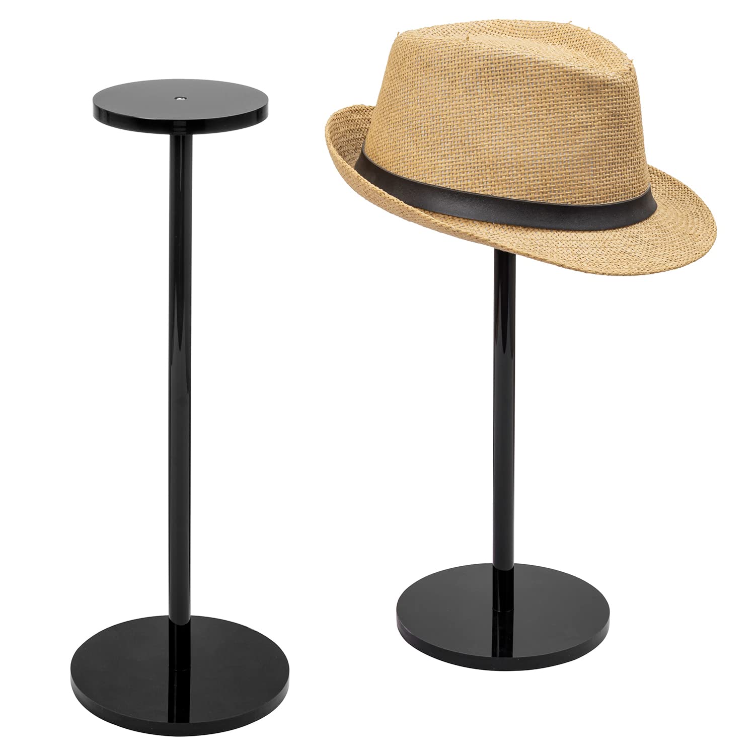 MyGift 16 Inch Black Premium Acrylic Hat Rack Stand and Wig Holder, Table Display Cap Fedora, Cowboy Hat Holder, Set of 2