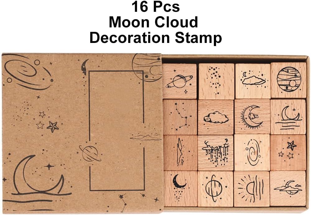 16 Pcs Planet Moon Stars Cloud Wooden Rubber Stamp Set, Vintage Planet Moon Cloud Decoration Stamp for Scrapbooking Stationery DIY Craft Standard Stamp