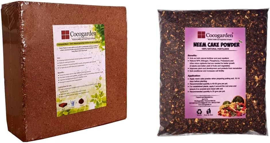 Cocogarden® Cocopeat Block - Expands Up to 75 litres of Coco Peat Powder & Neem Cake Powder Organic Fertilizer and Pest Repellent 900 GMS