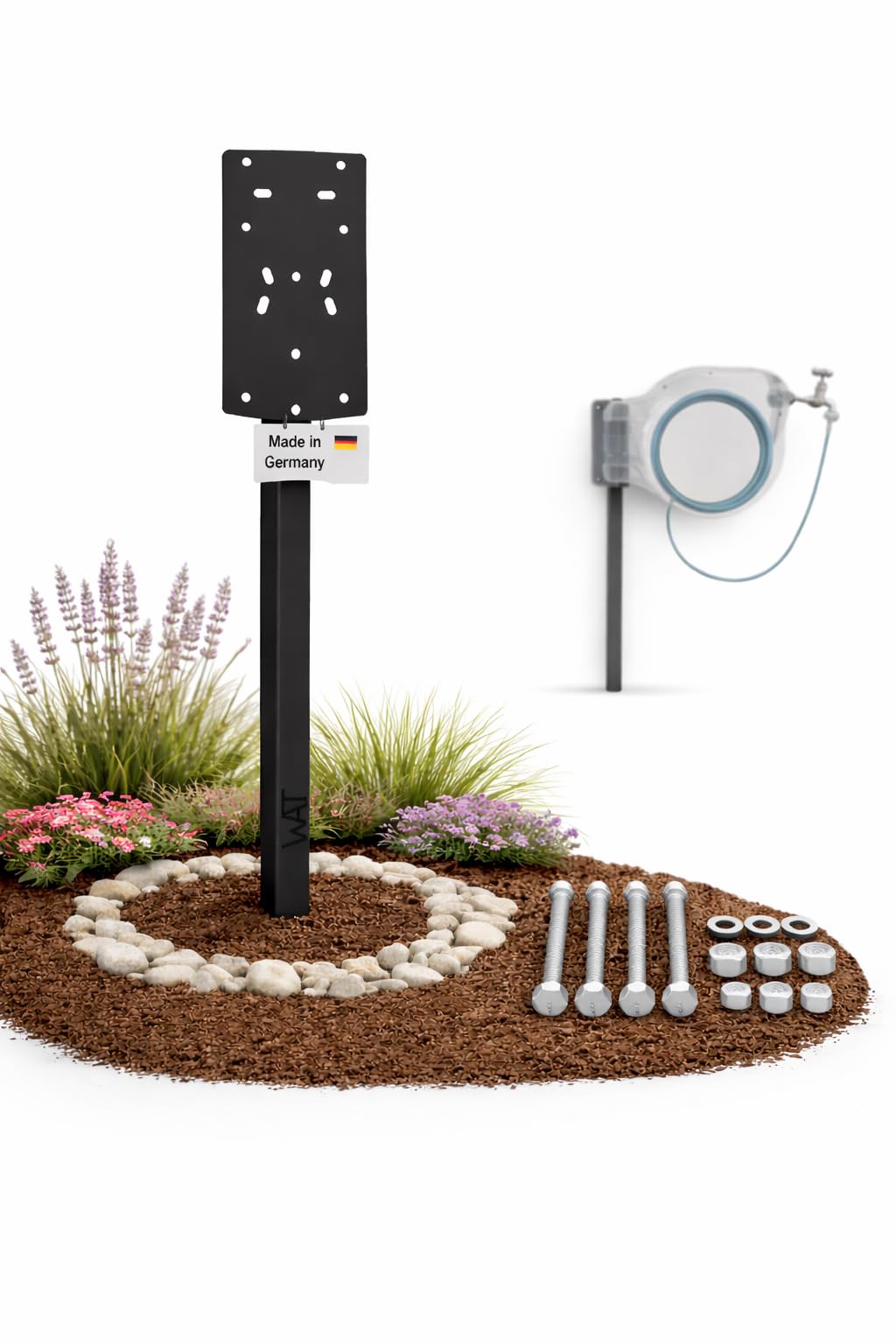 Soporte para caja de manguera y carrete de manguera, independiente y estable, compatible con Gardena, Amazon Basic y más, no requiere montaje en pared