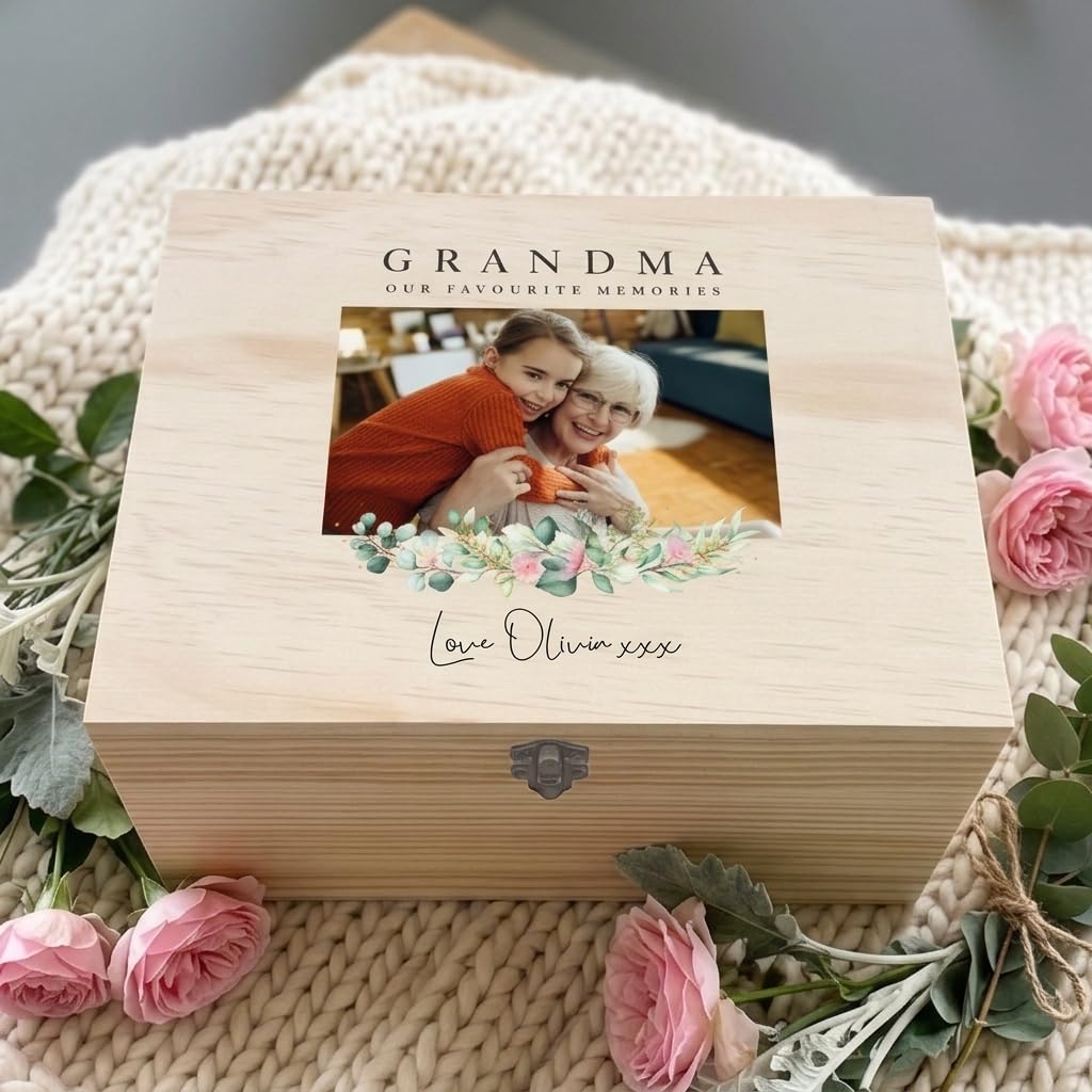 Caja de recuerdos personalizable con foto de pino floral | Duelo, Día de la Madre, regalo de aniversario | 26 x 18,9 x 15,5 cm