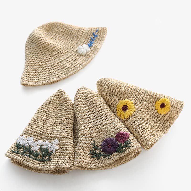 Linda Flor Sombreros for el Sol niña Paja ala Ancha Cubo Sombrero Gorras Verano Mujer Gorra de Playa(3-Pack)