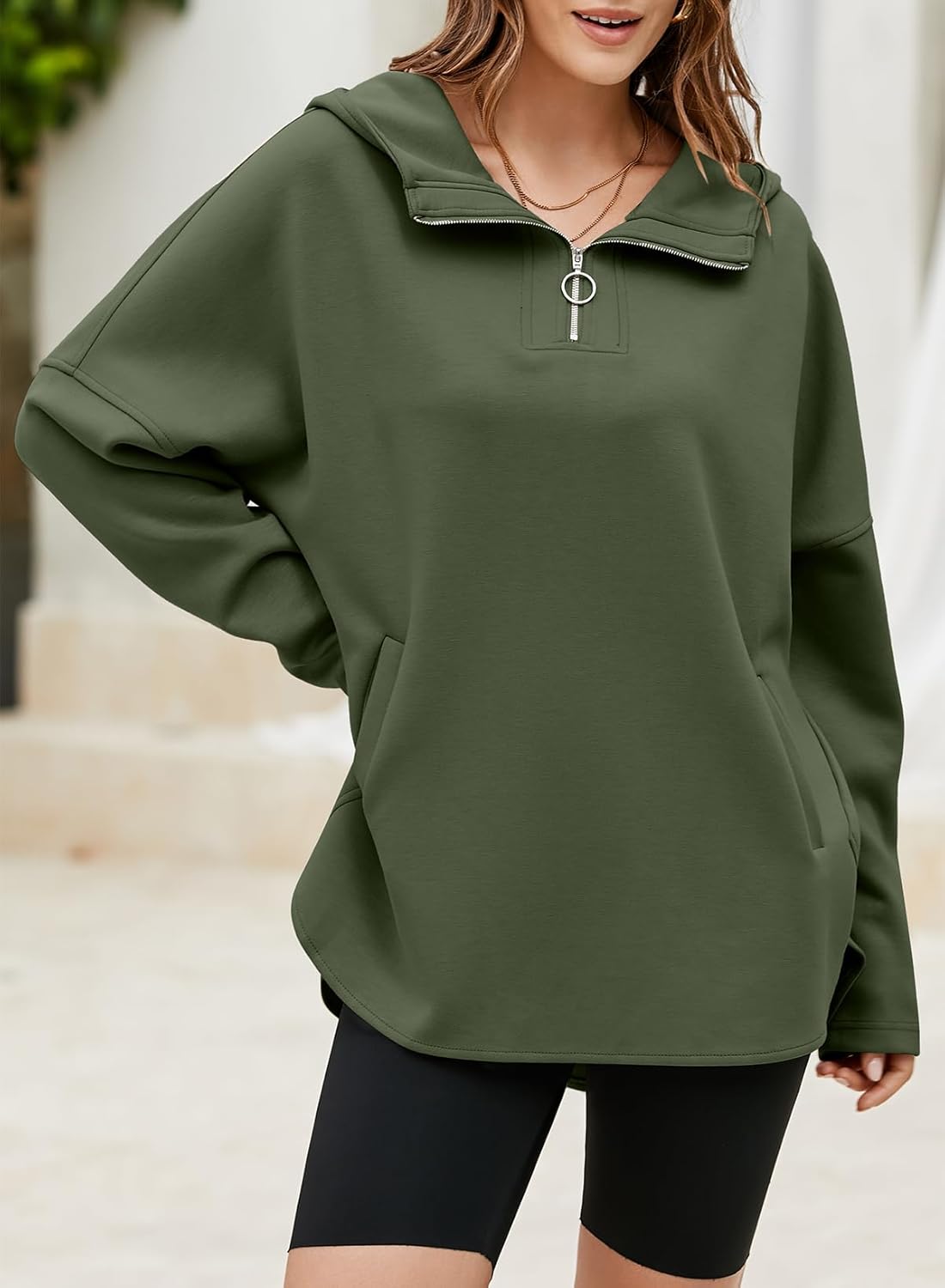 EVALESS Women's Oversized Hoodies Casual Long Sleeve Half Zipper Pocket Sweatshirt Pullover Tops - Image 3