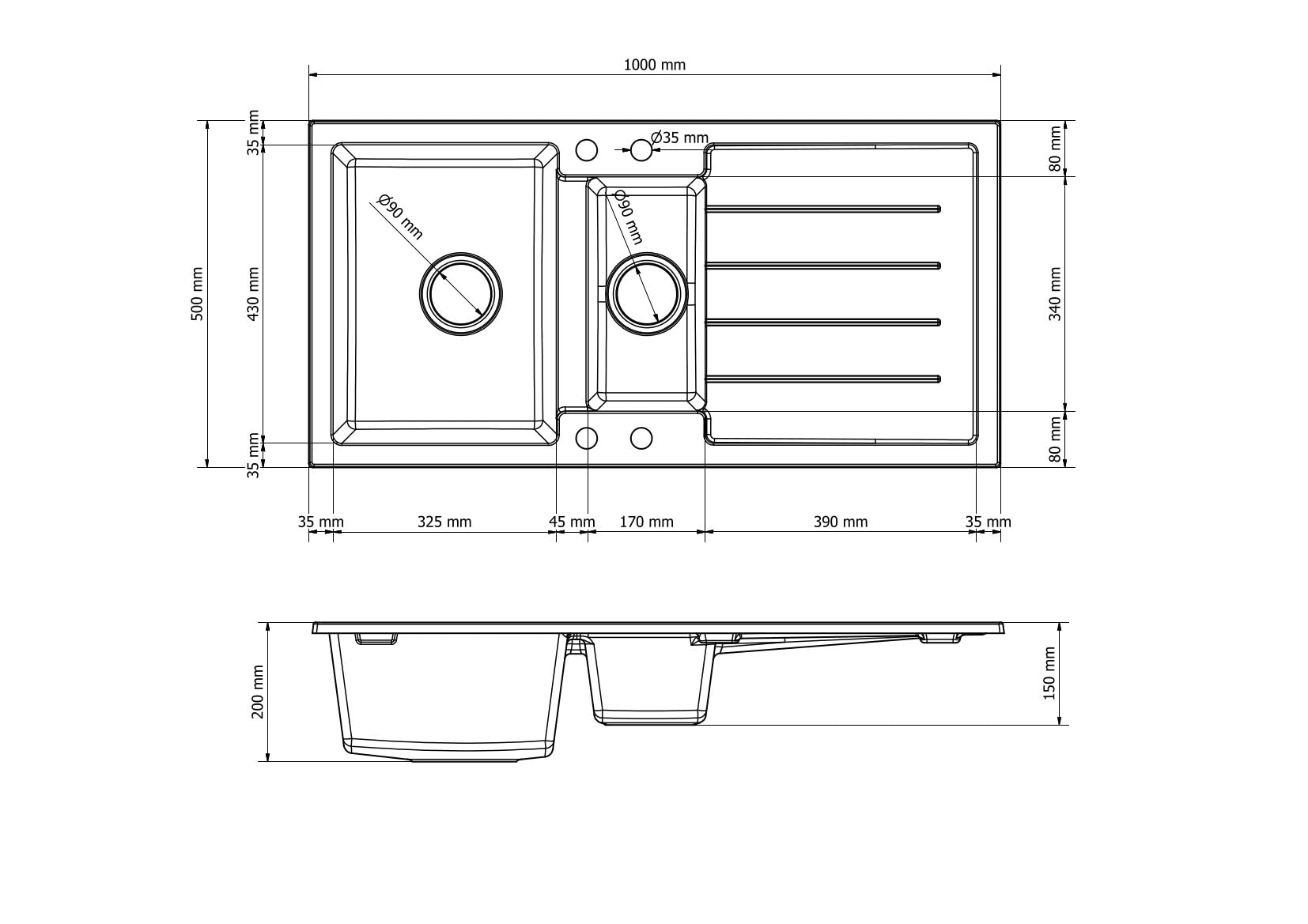 Faizee Home | Granitspüle 100x50 cm – Beidseitig montierbar & kratzfest | Inkl. Spülkorb & Siphon-Set | Hochwertige Küchenspüle aus Granit für modernes Küchendesign (Schwarz, Mit Armatur & Spülkorb)