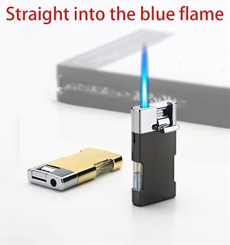 Innovative lever ignition jet lighter, windproof lighter, blue flame, butane lighter, adjustable flame size, compact and portable, suitable for collection, indoor, outdoor, cigar, gift giving(A)