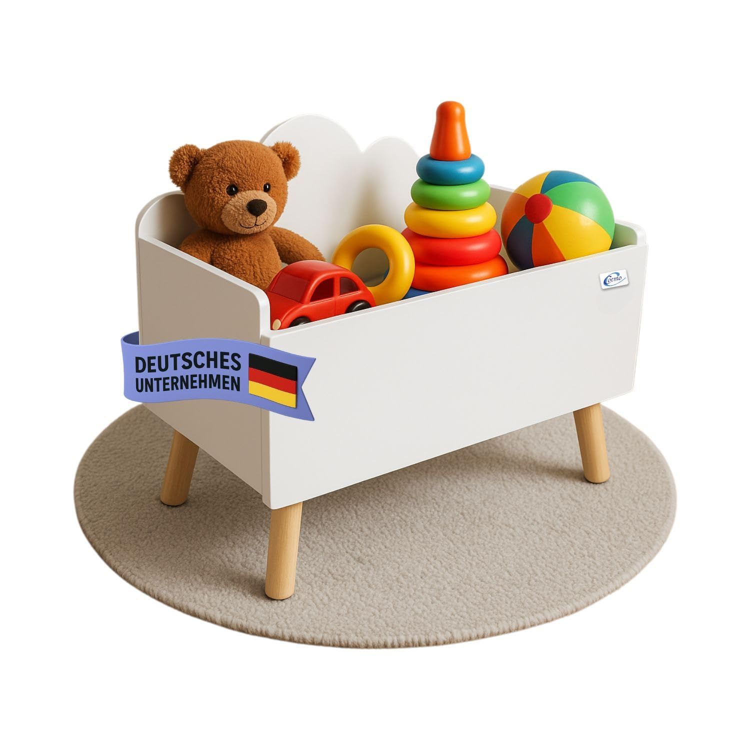 Coemo Spielzeugkiste Weiß Kinderzimmer LILO 28x58x44 cm – Aufbewahrungskiste mit Wolkenoptik, robuste MDF-Konstruktion, Holzfüße, skandinavisches Design, abgerundete Ecken, leicht zu reinigen