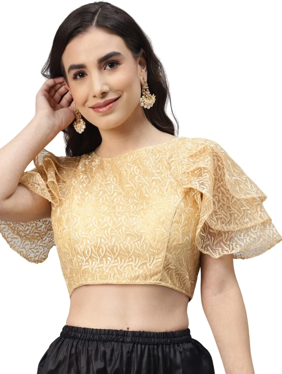 GLOBON IMPEXIndian Designer Women Solid Sequined Georgette Padded Saree Crop Top Blouse For Party Wear