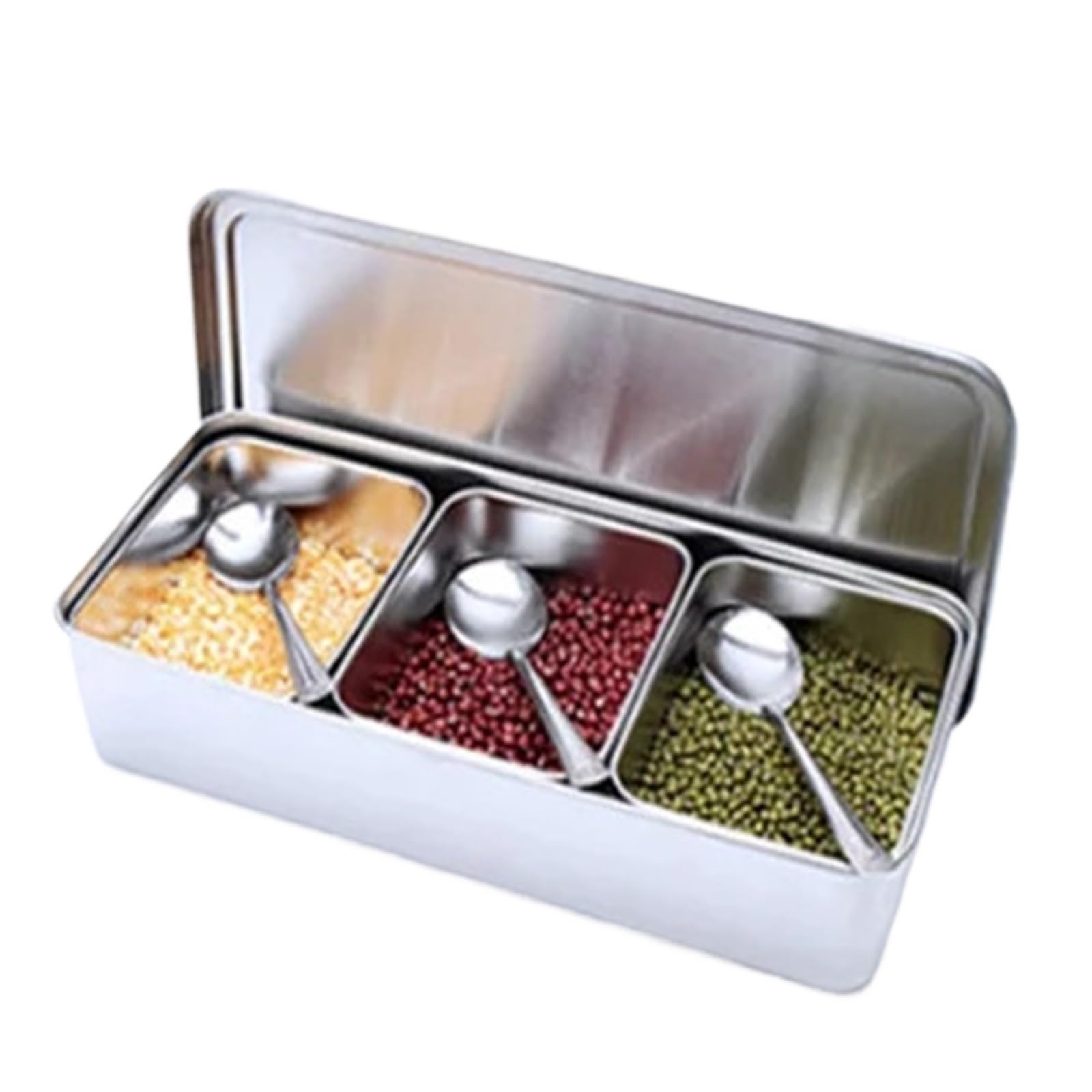 UBOHUZ Kitchen Food Storage Container Compartments Stainless Steel Seasoning Box Containers With Lid Rectangle Chef Tools for Kitchen Condiment(3grid 34.5x15.5xH7cm)