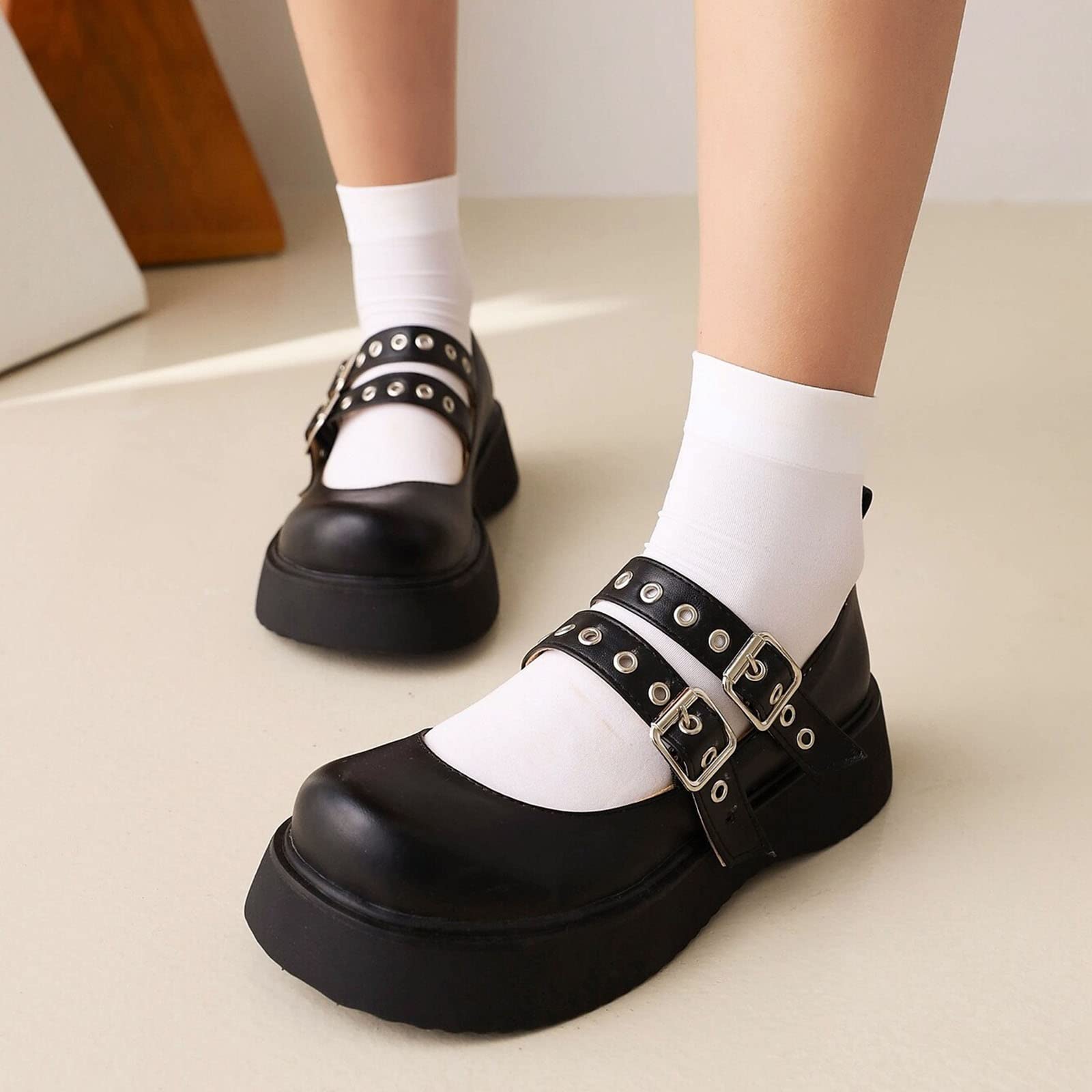 AOVIN Femmes Plate-Forme Mary Jane Pompes Bride à La Cheville Gothique Lolita Chaussures Bout Rond Bas Talon épais Pompes Compensées (Color : Black, Size : 40 EU