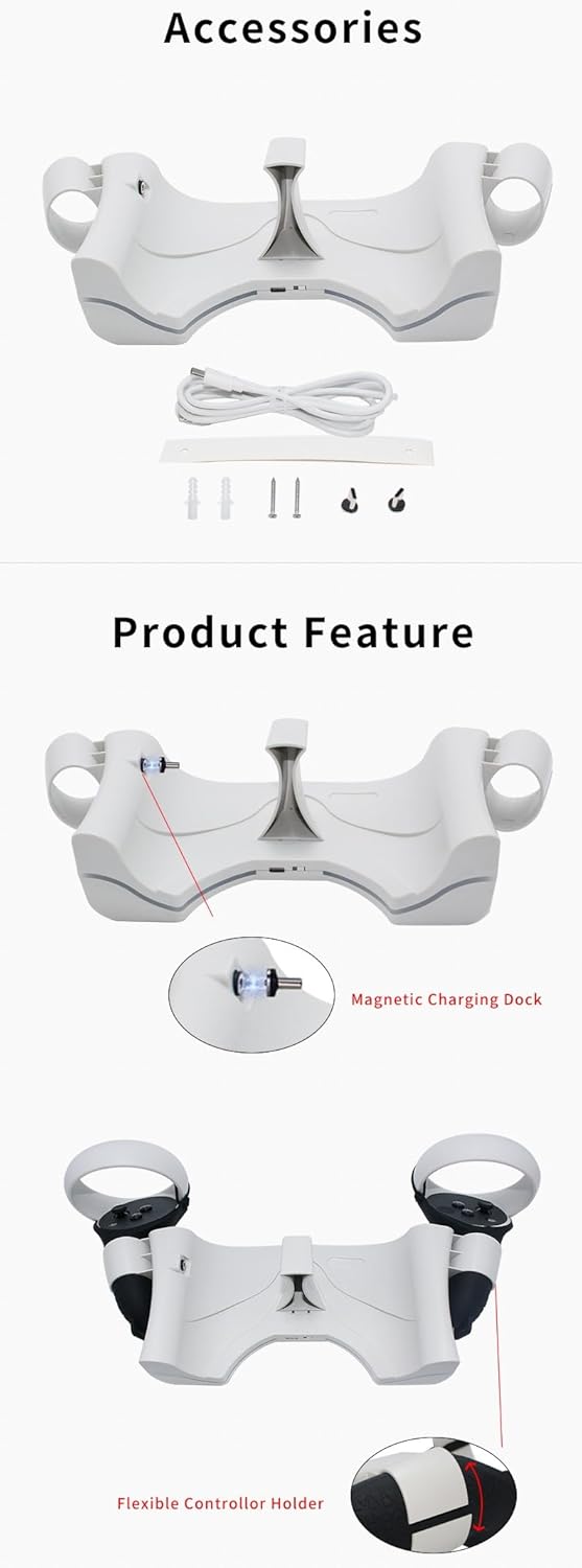 BOMIC Charging Dock for Oculus Quest 2,VR Headset Charging Stand Compatible with Meta Quest 2 Accessories Wall Mount Charger Station with LED Light, USB-C Link Cable - White