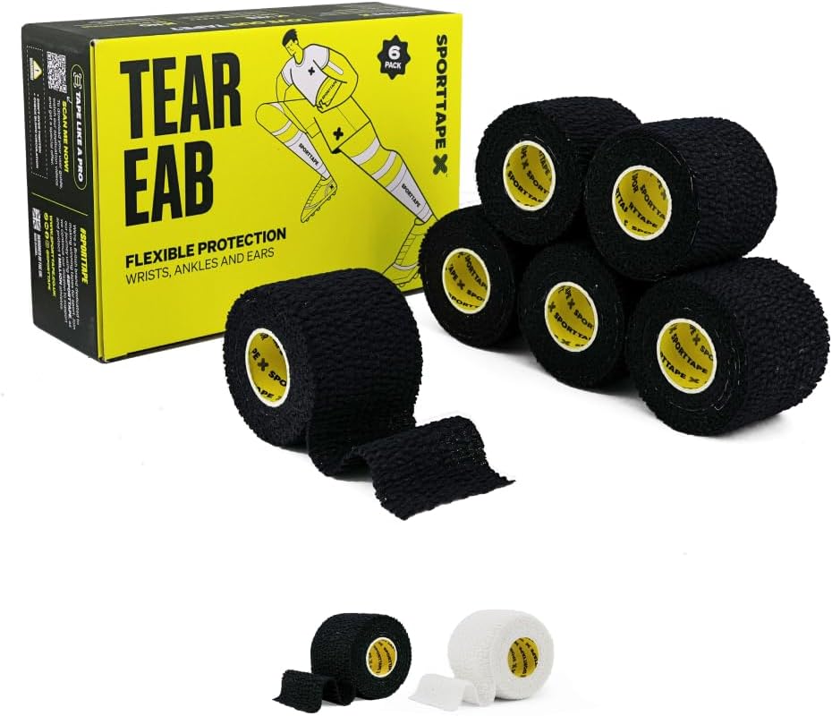 6 Rolls - EAB Tape | 5cm x 4.5m - Black - Tearable Elastic Adhesive Bandage | Rugby & Football Wrist, Ankle, Ear & Head Strapping Tape | Sport Injuries Bandage | Lifting Thumb Tape