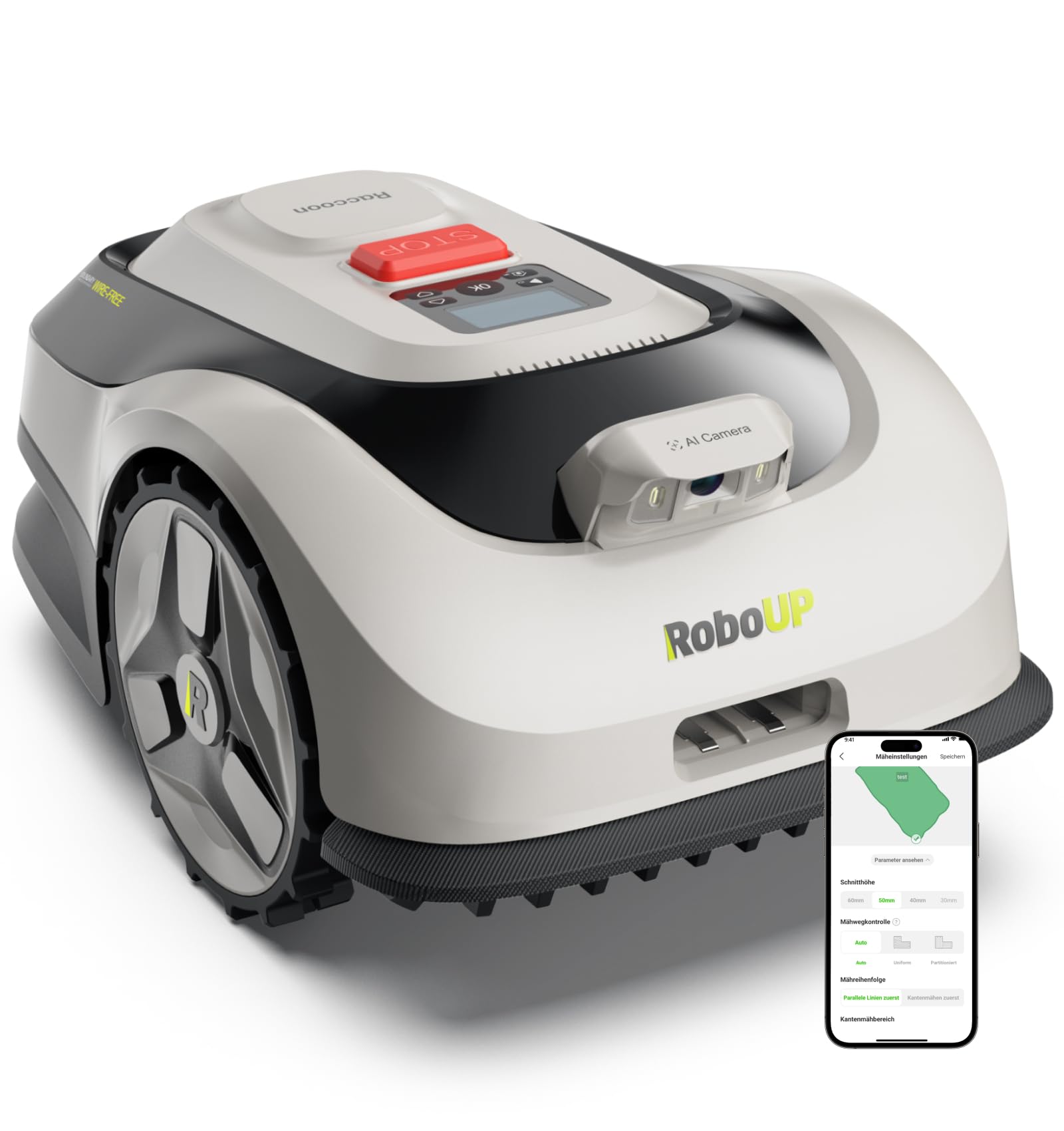 Raccoon 2 SE Mähroboter Ohne Begrenzungskabel, Ohne RTK, Max. 600㎡, 5Ah-Schnellladung Batterie, App-Smarte Mehrzonensteuerung, 3-8cm Schnitthöhe, KI Gesteuerter Mähroboter, 20° Steigung