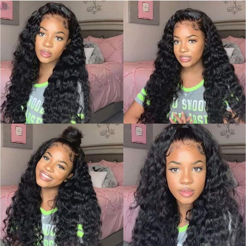 Loose Deep Wave Curly Lace Front Wigs Human Hair Pre Plucked 13x4 Lace Frontal Wigs for Black Women Natural Black (22 inch)