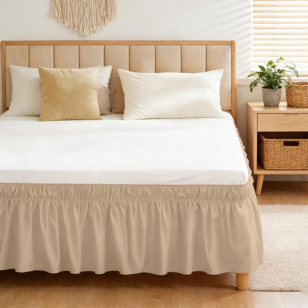 RANJIMA gonna da letto pieghettata, 153 x 203 cm, gonna da letto con balze, gonna da letto avvolgente, altezza 38 cm, volant copriletto con doppio elastico, regalo per donne, sabbia
