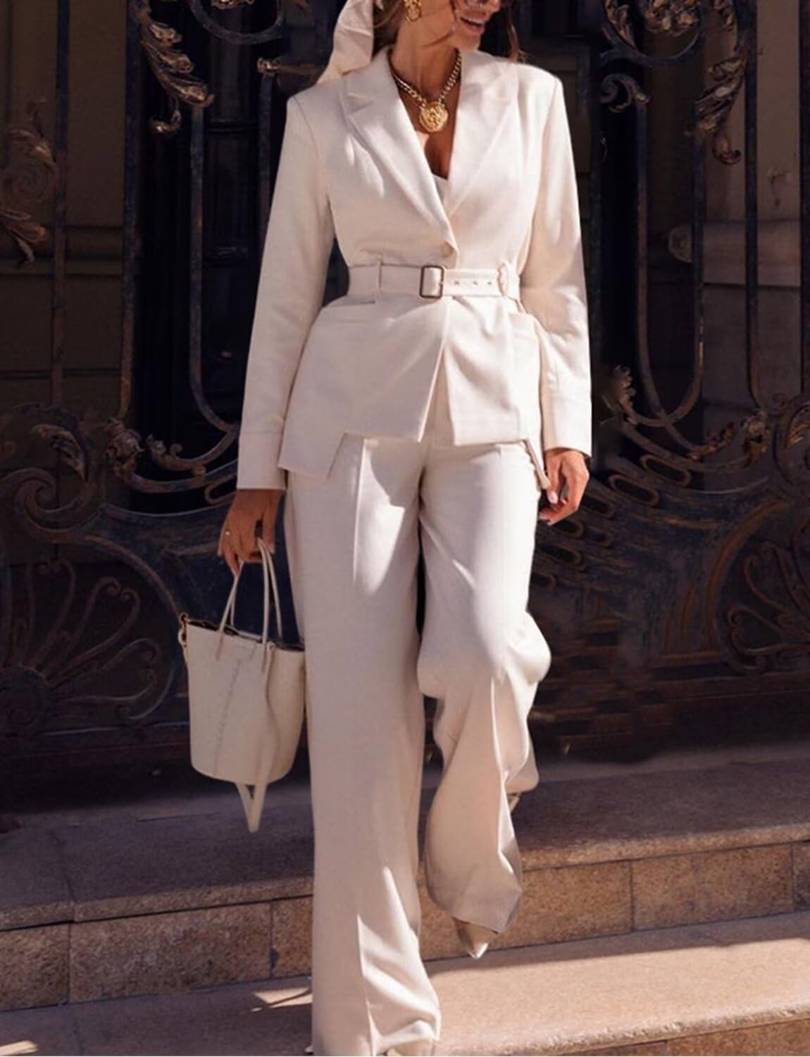 Donna Abito Due Pezzi per Giacca Elegante Pantaloni a Vita Alta e Gamba Dritta Set Ufficio Business Casual
