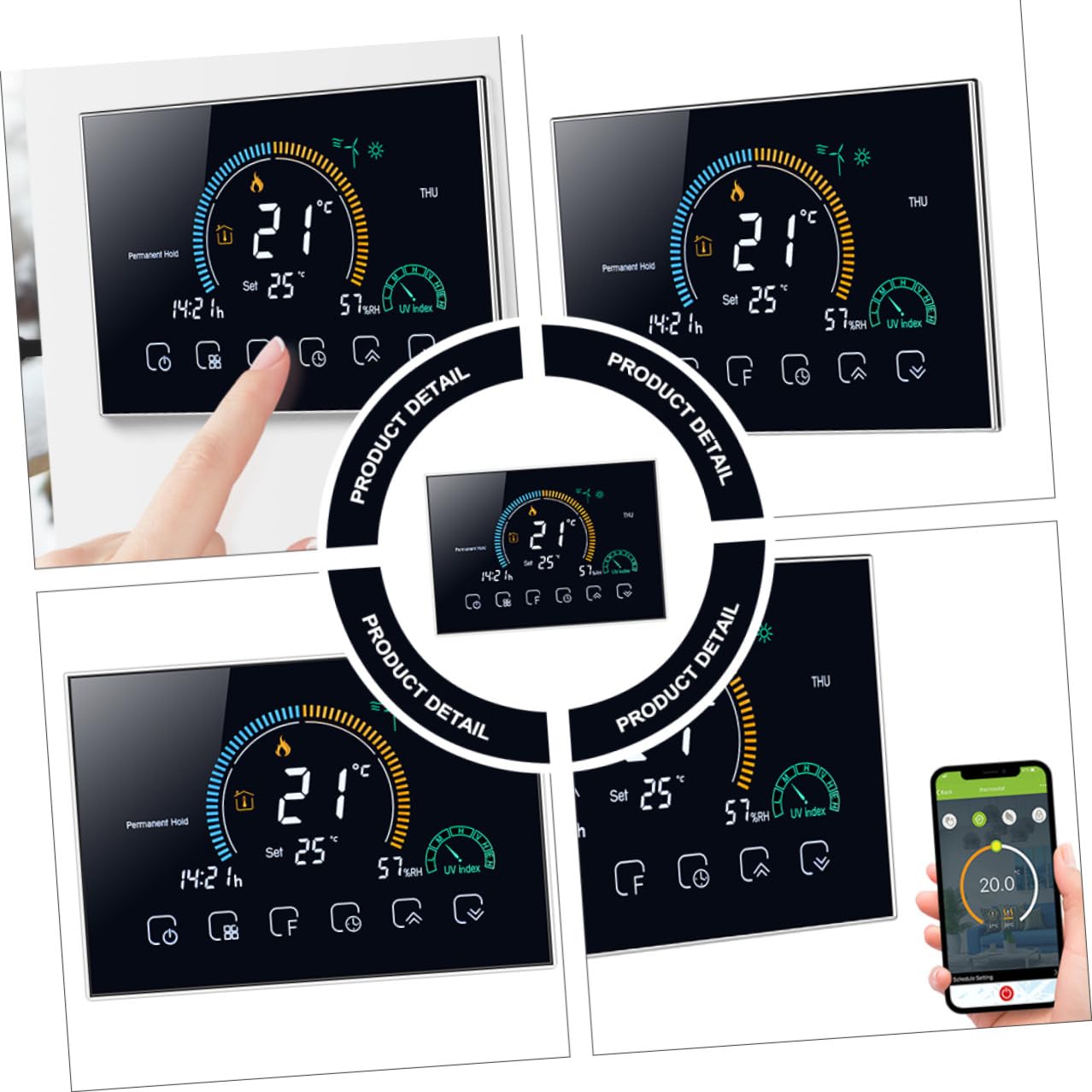Intelligenter Raumthermostat 95-240v mit 5a Schwarz, Touchscreen | 4, 8 Zoll Lcd, 5-35℃ Einstellbereich, 86mm Kassette und 60mm Rundbox