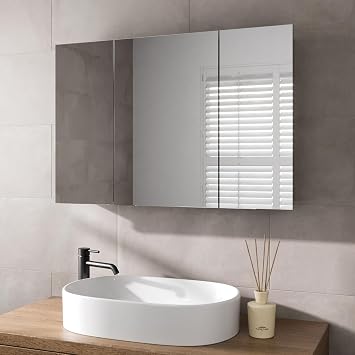 Artis  900 x 600mm Bathroom Mirror Cabinet Storage Wall Mounted Cupboard Ready Assembled Unit Triple Mirrored Door, Stainless Steel