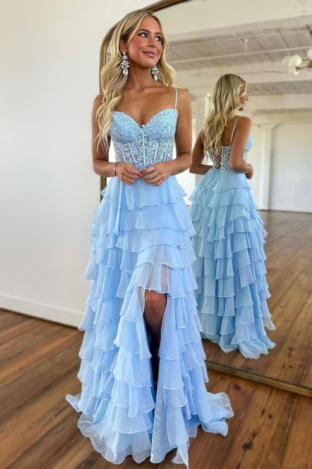 Tiered Prom Dress Lace Applique Corset Spaghetti Straps Ruffle Chiffon Formal Evening Gowns with Slit