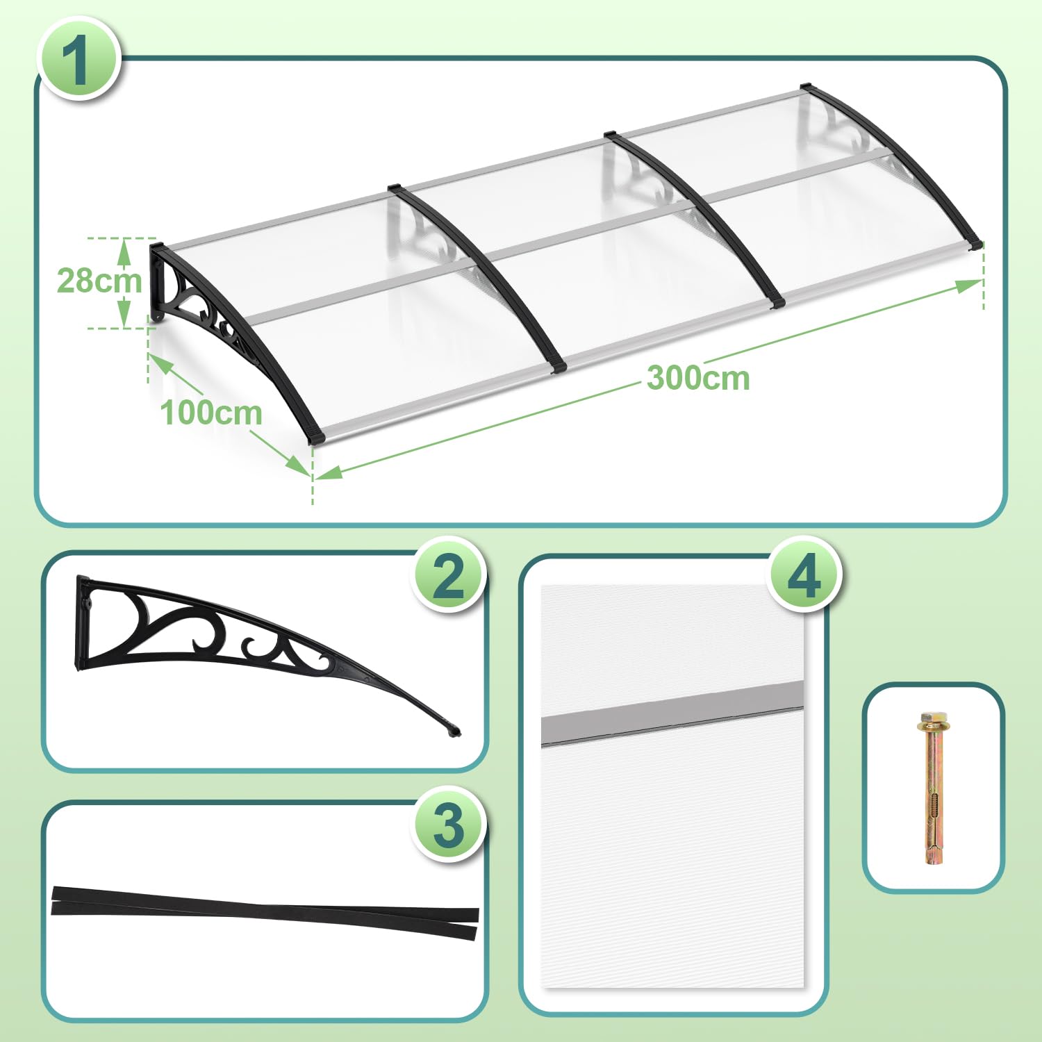 Joparri Tettoia per porta d'ingresso 100x300 cm, per porta d'ingresso da 6 mm in alluminio e policarbonato, trasparente ad arco, pensilina per porta d'ingresso, protezione dal sole e dalla pioggia