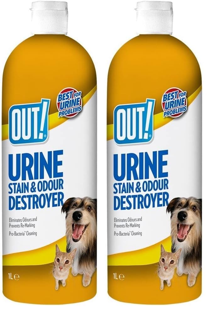 OUT! Destructeur de taches d’urine et d’odeurs pour animaux de compagnie | Enzymatic Pro-Bacteria Cleaner - 1 Litre (Lot de 2)