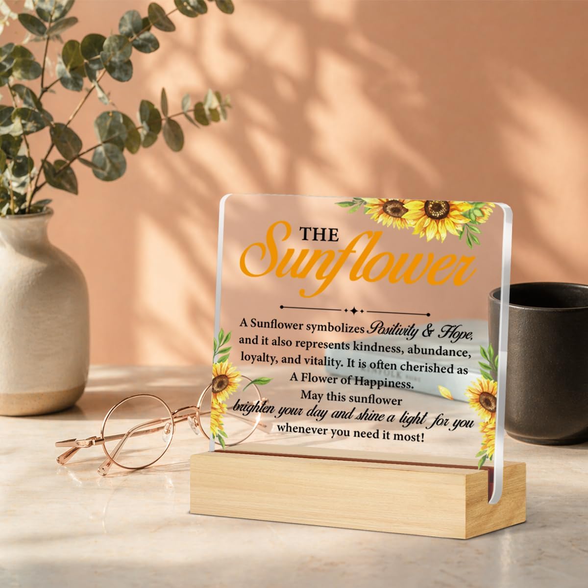 Sunflower Gifts for Women Men, Positive Encouragement Gifts for Friends Coworkers, Inspirational the Sunflower Acrylic Desk Sign Home Office Decor