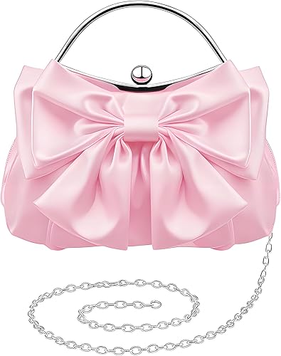 Coquette - Bolso de mano para mujer, plisado, de satén, con lazo, bolsa de noche con cadena cruzada para boda, fiesta, baile de graduación