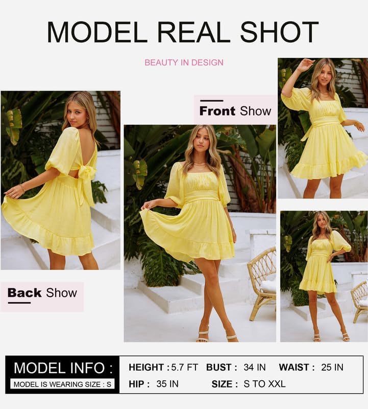 Dokotoo Womens Summer Dresses Square Neck Tie Back Lantern Sleeve Ruffle A-Line Casual Dress: Small 8a Yellow