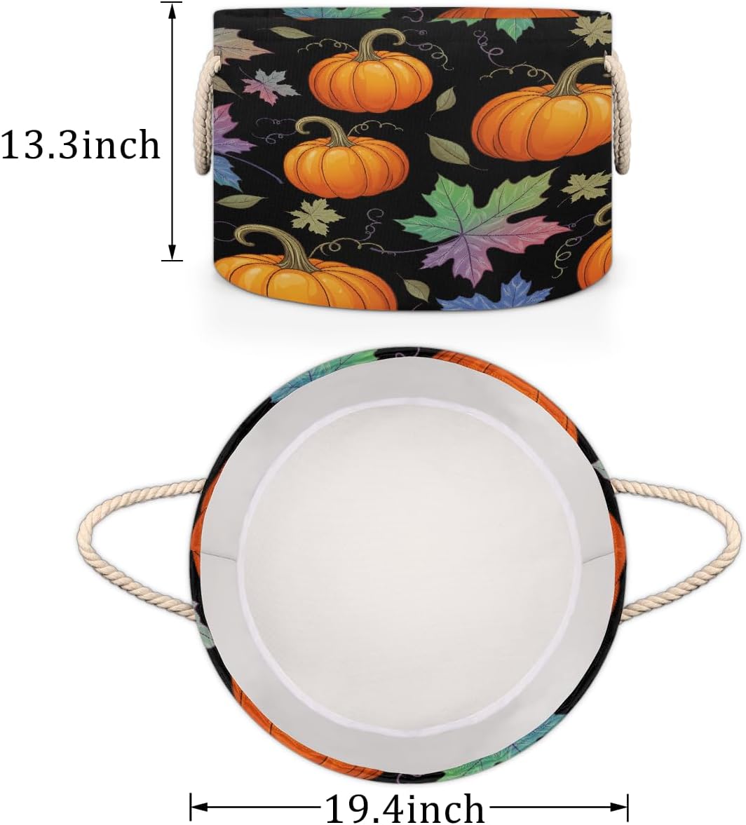 Large Storage Baskets - Pumpkin Fall Leaf Boho Nursery Round Collapsible Organizer Bin Box, Laundry Hamper for Kids Toys, Blanket, Bedroom Living Room Home Decor, Gift Basket, 19.4"x13.3"