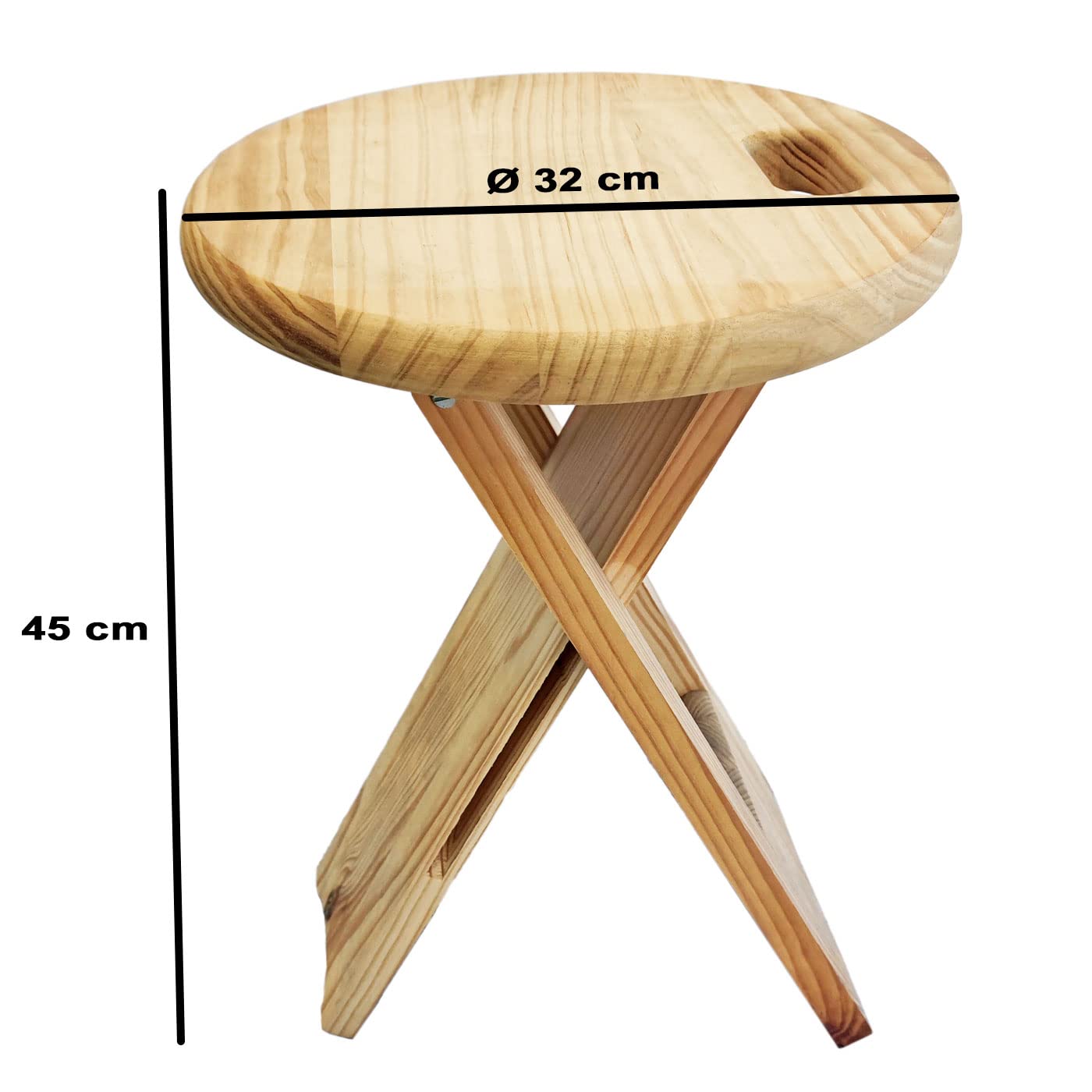 Acan Tradineur Tabouret rond pliable en bois avec poignée et repose-pieds, stable et robuste, pour jardin, balcon, terrasse, camping, maison, 45 x 32 cm