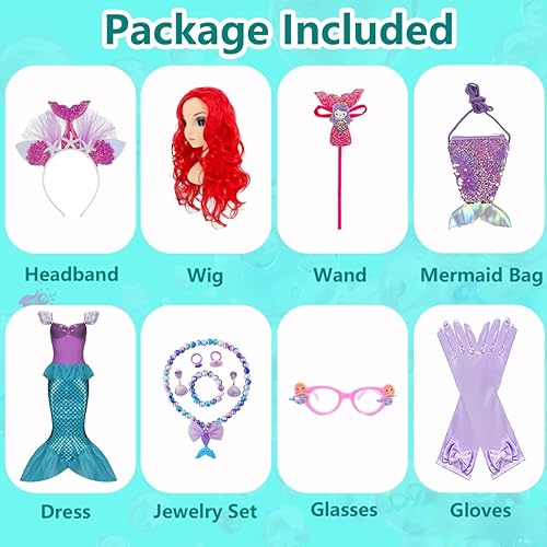 Miniatura 3 de ALIZIWAY Disfraz de sirena para niñas, Ariel, princesa, cumpleaños, Halloween, cosplay, con accesorios para peluca