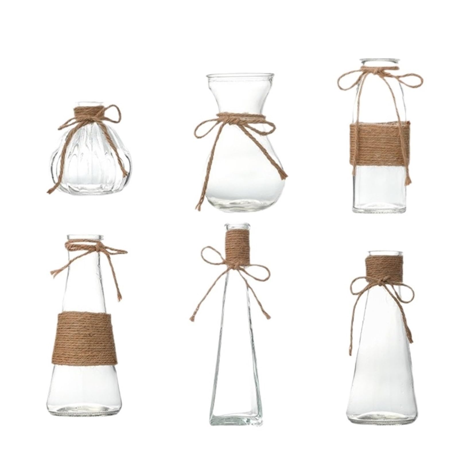 Vase Hydroponique Verre Ensemble de Vases en Verre Transparent, 6 pièces, Bricolage, Corde Chanvre, Artisanat, Fleurs nourrissantes à l'eau, décoration Salon Mariage, jardinière