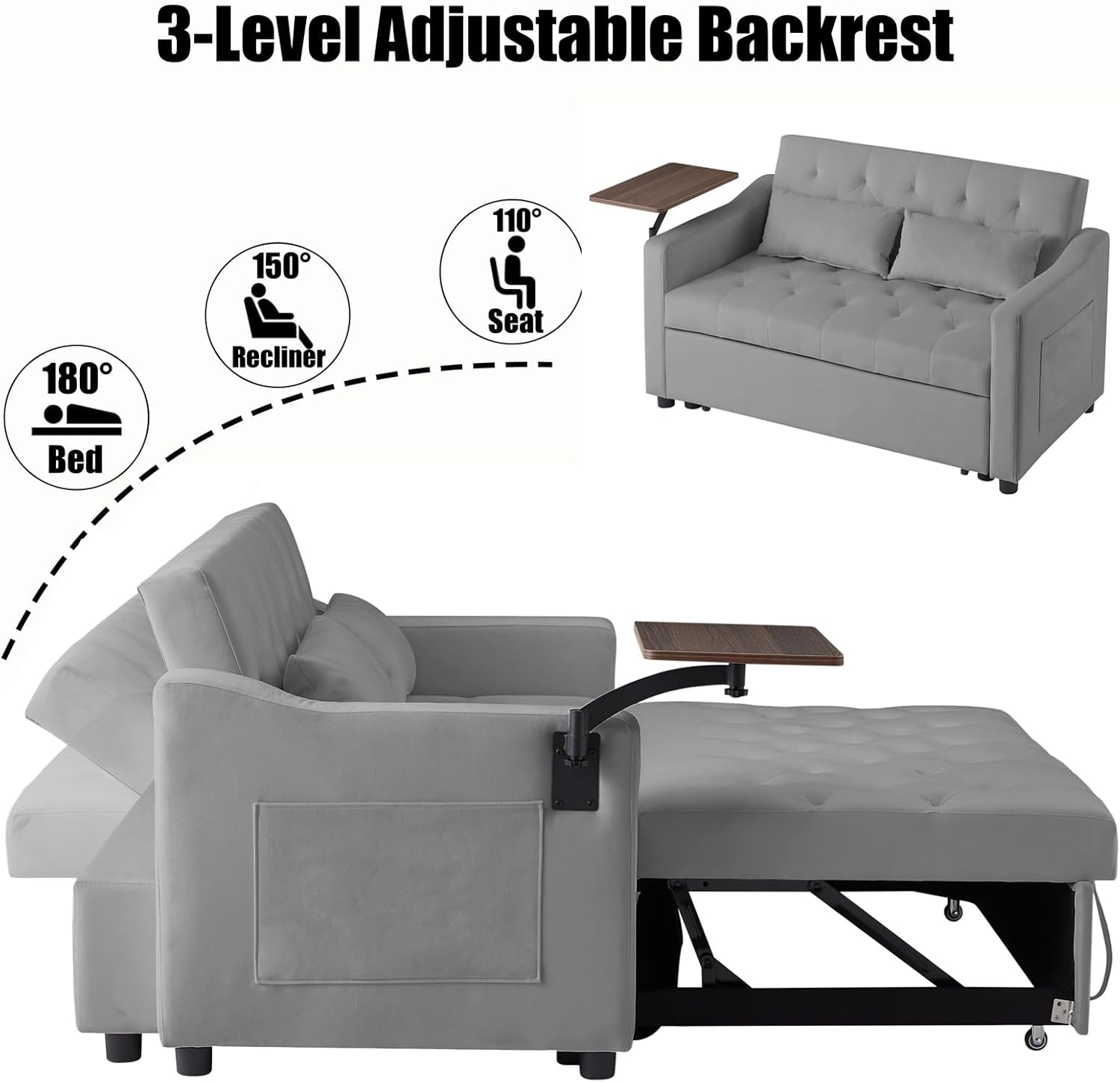 hansones 53.15" Convertible Sleeper Sofa Bed with Swivel Table, Adjustable Backrest & Side Pocket, Pull-Out Velvet Loveseat Futon for Small Spaces, Easy Assembly, 3-in-1 Couch Bed for Living Room