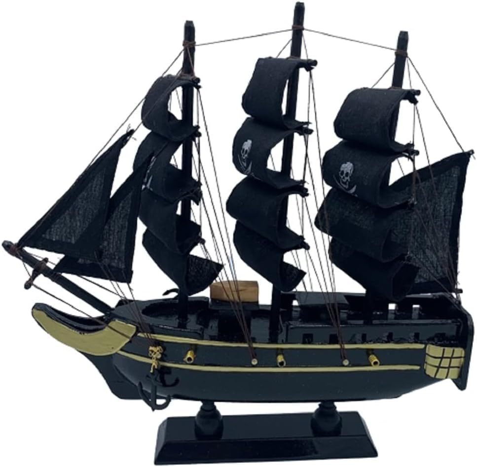 Wood Pirate Ship Model on Stand Fully Assembled 9.25 Inches Nautical Desktop Decoration