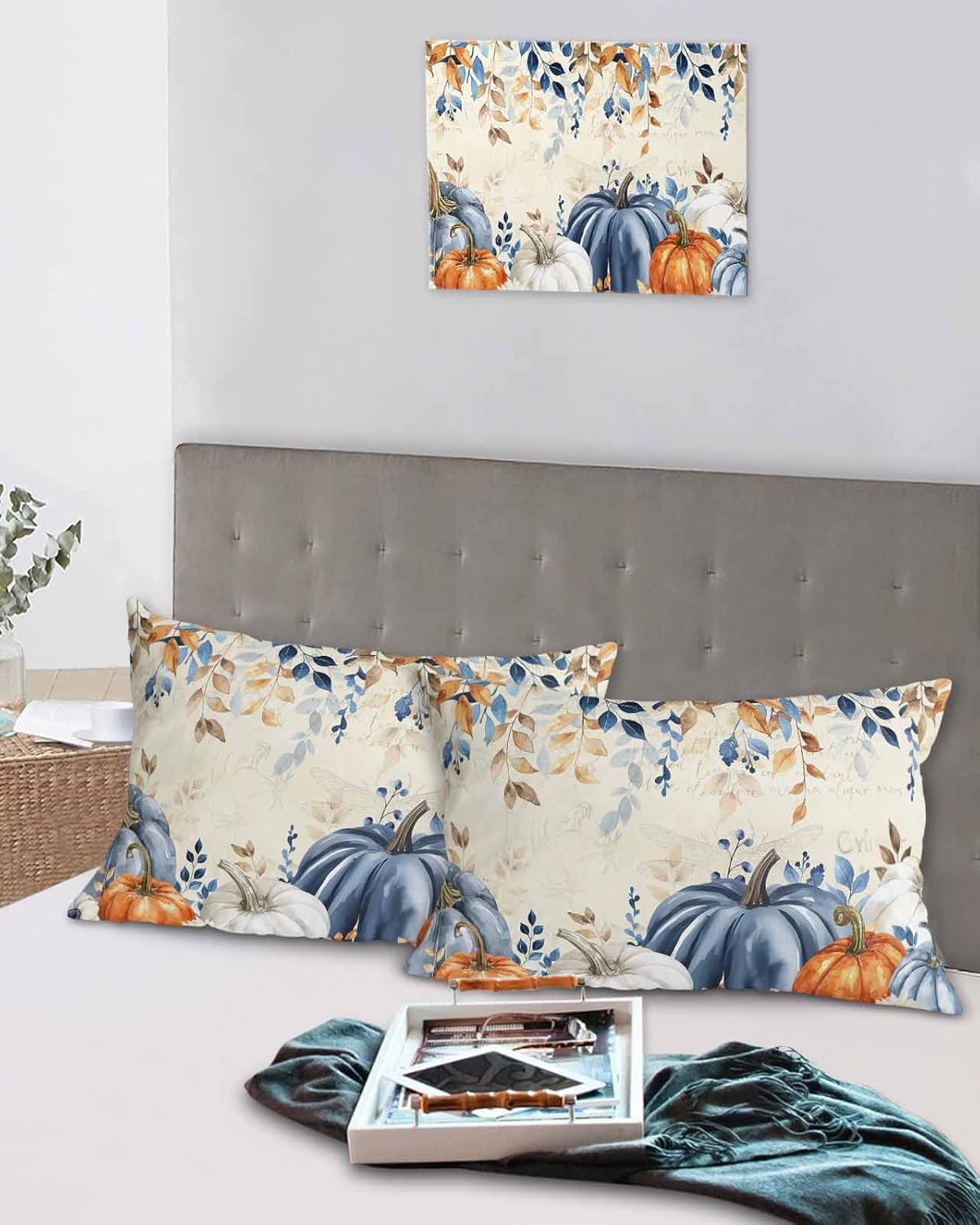 DecorLovee Fall Blue Pumpkins Pillow Cases Standard Size Set of 2, Orange Botanical Bed Throw Pillow Covers, Thanksgiving Retro Decorative Lumbar Pillow Cover with Envelope Closure 20x26Inch