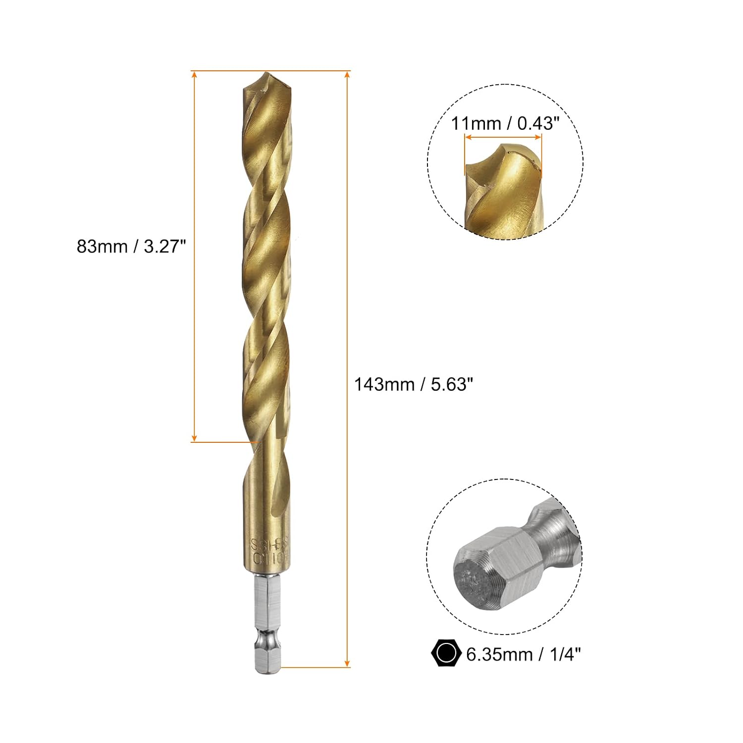 HARFINGTON 1/4" Hex Shank Twist Drill Bits 11mm Titanium Coated High Speed Steel Quick Change Hex Drilling Bit Jobber Drill Bits for Wood Plastic Metal, Gold