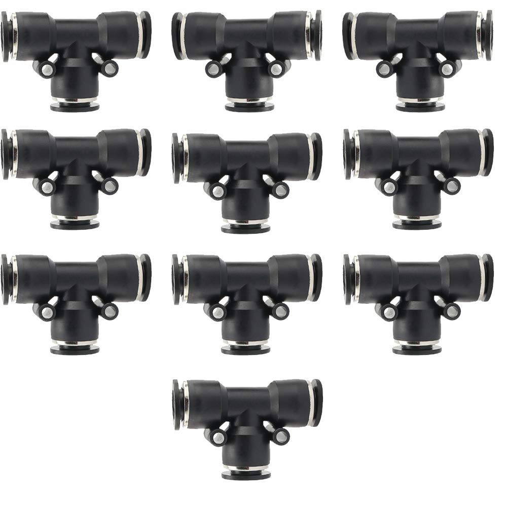Jienk 10PCS Pneumatic Union Tee Push to Connect Fittings, PBT Plastic T Shape 1/4" x 1/4" Tube OD Quick Connector for Home Garage Air Brake Air Bag