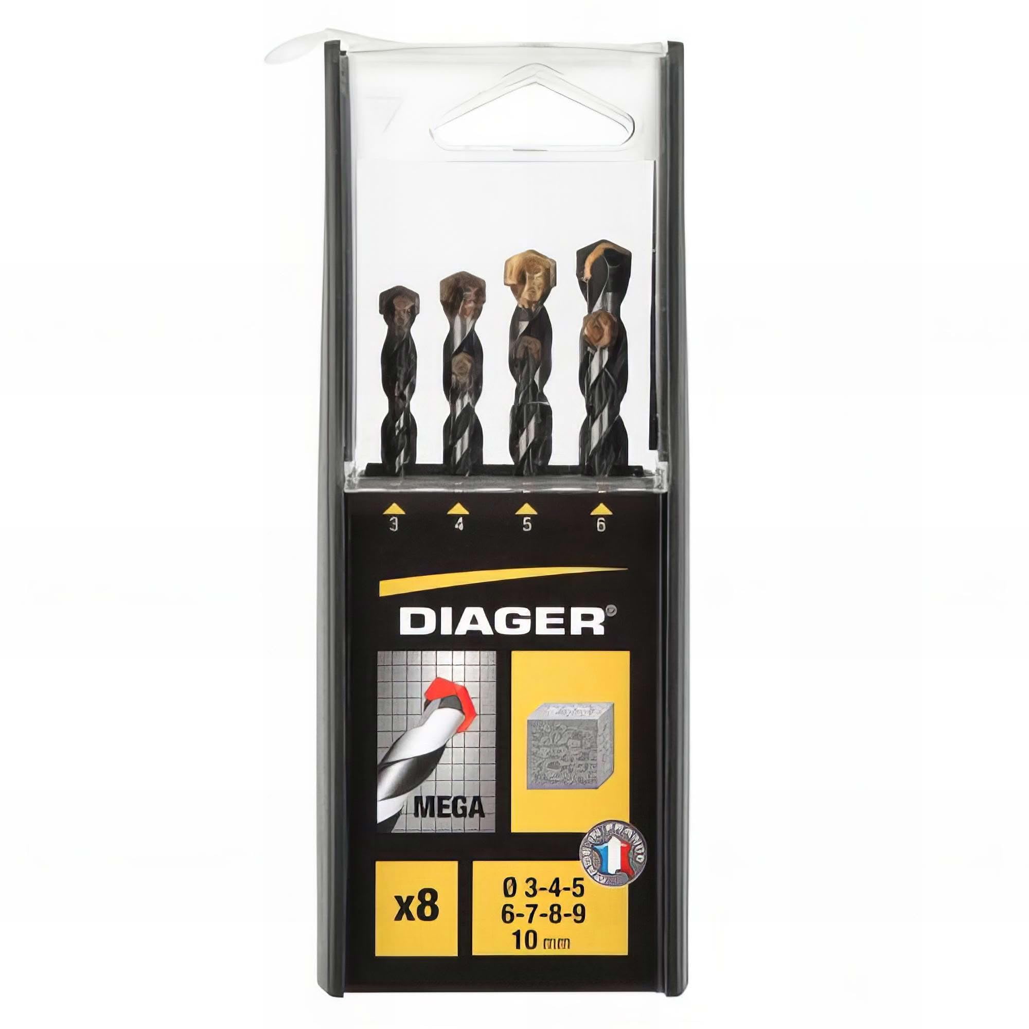 Coffret duo de 8 forets béton cylindrique MEGA D. 3, 4, 5, 6, 7, 8, 9, et 10 mm - 256C - Diager