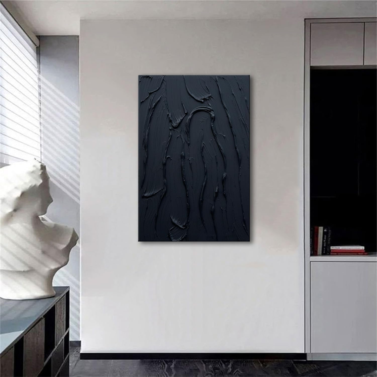 zoinart Hand Painted Pure Black Plaster Wall Art Minimalist Oil Painting 24x36 Inches Vertical Thick Textured Wall Art Home Office Corridor Wall Art Decoration