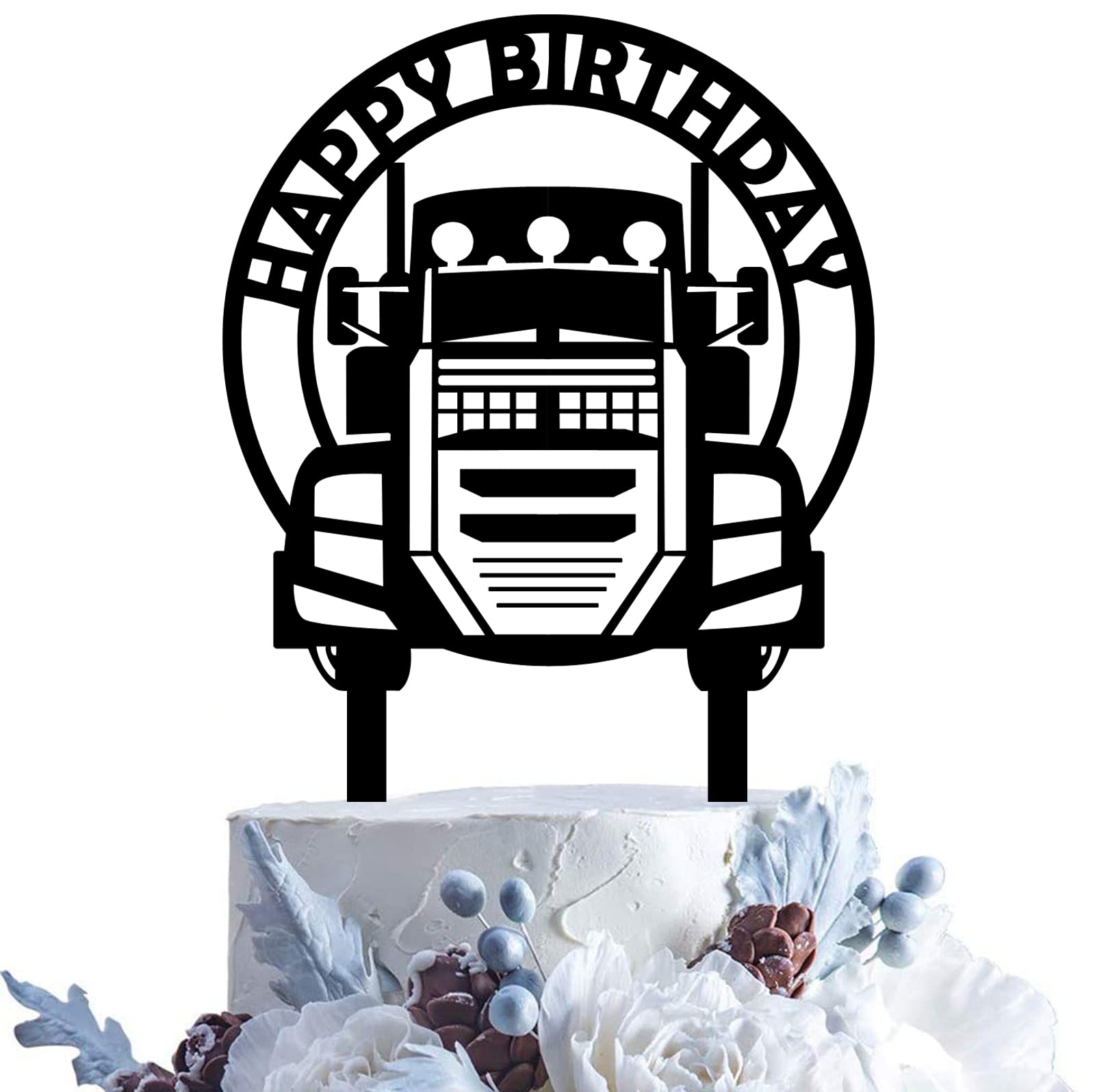 Happy Birthday Cake Topper with Black Silhouette of Heavy Truck for Truck Lovers