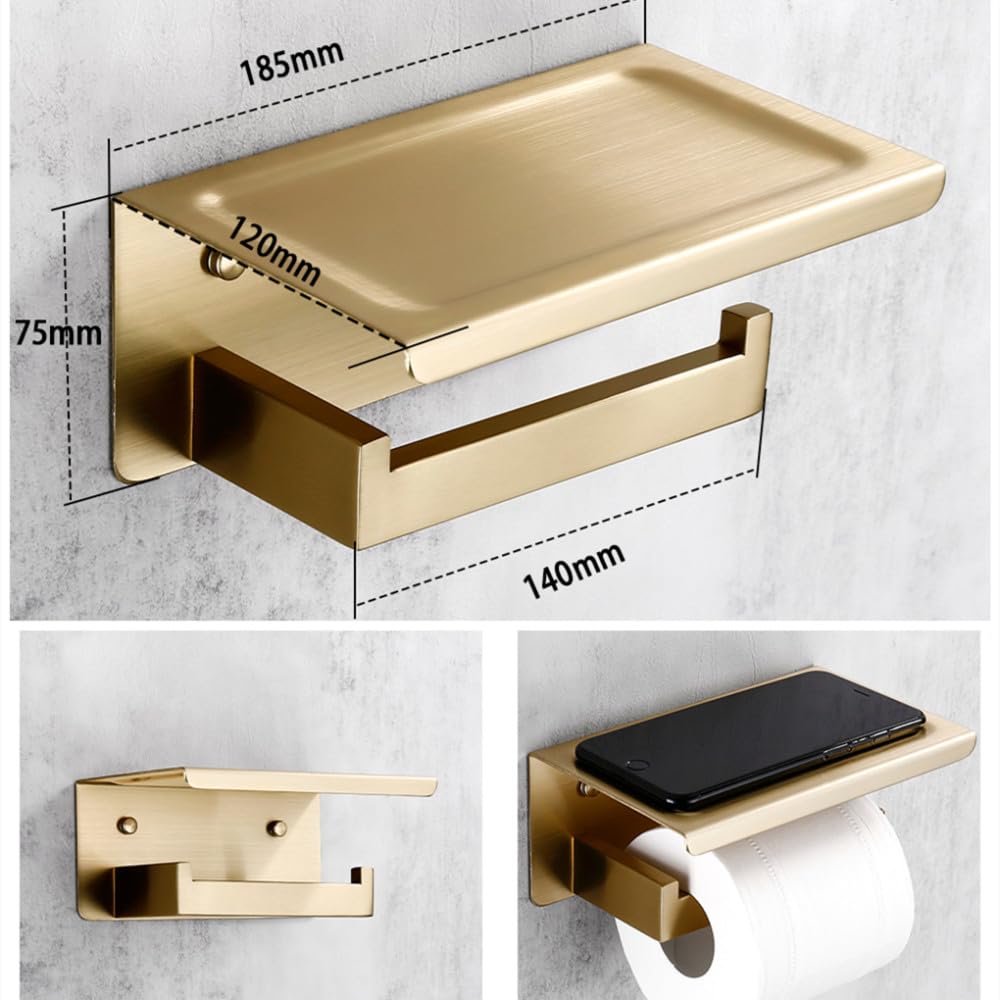 Juego de Accesorios de baño de Oro Cepillado Soporte para Rollo de Papel higiénico para Montaje en Pared Toallero Percha para Batas Kit de Accesorios de Acero Inoxidable, Soporte para teléfono BG