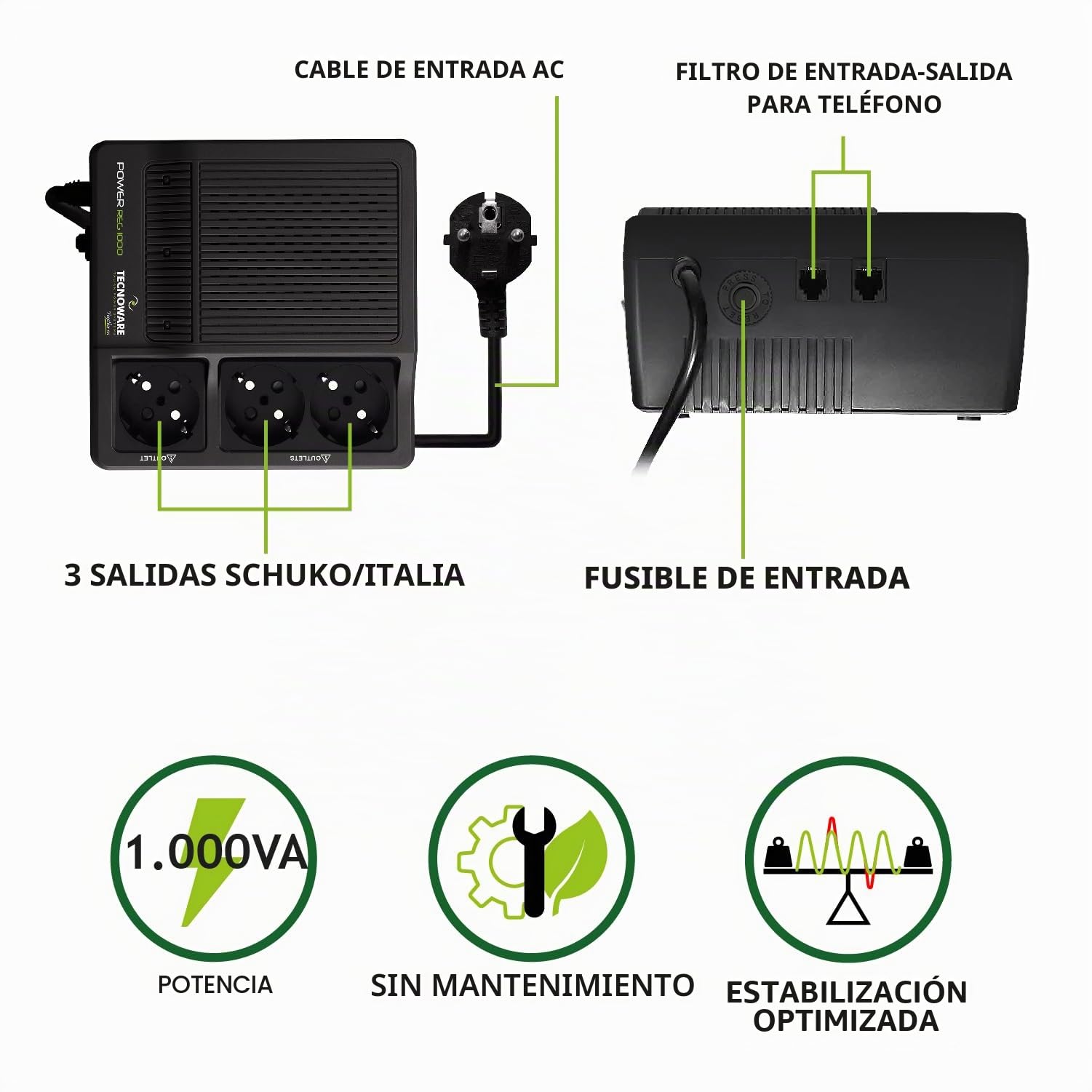 Tecnoware Power Systems Estabilizador de Tensión 1000VA para módem, router, PC y pequeños dispositivos electrónicos, protege contra picos de corriente, no es un SAI, listo para usar