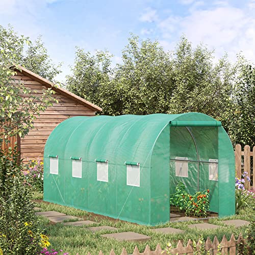 Outsunny 15' X 7' X 7' Walk-In Tunnel Hoop Greenhouse, Polyethylene Pe Cover, Steel Frame, Roll-Up Zipper Door & Windows For Flowers, Vegetables, Tropical Plants, Green #TOP1