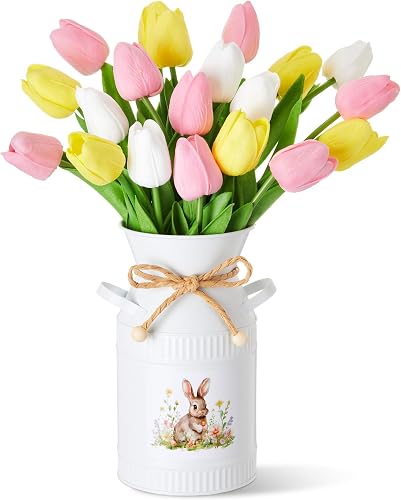 21 Pcs Artificial Tulip Centerpiece Decor with Vase Artificial Flower Bouquet Vintage Bunny Metal Flower Bucket Summer Tulip Floral for Party Spring Home Decor(Multicolor,Funny)