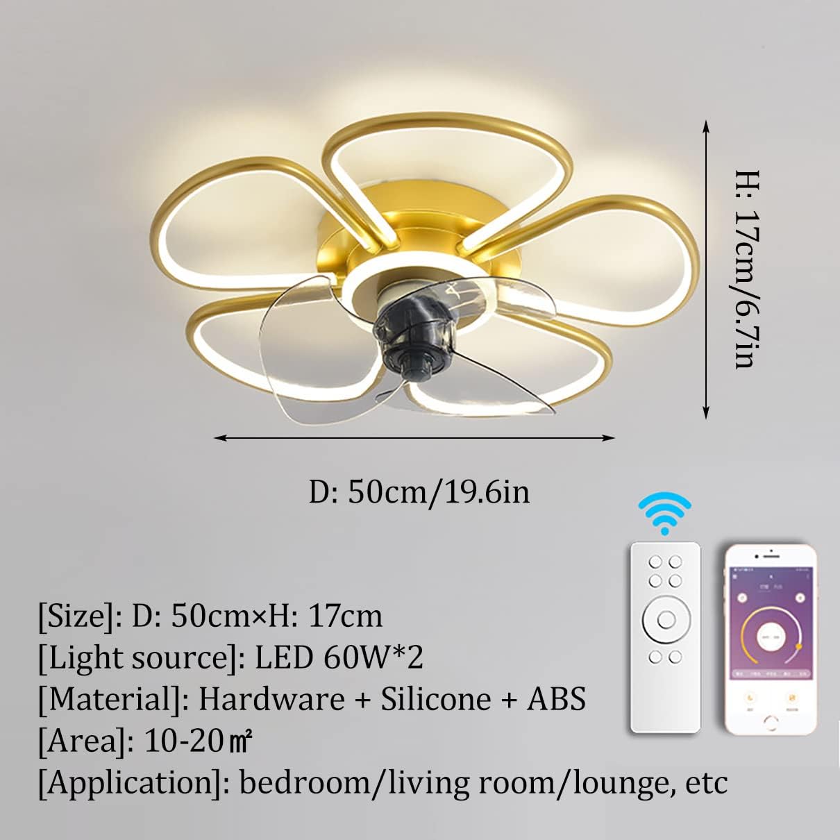 YUEGOO Ceiling Fans with Lamps,Led Dimmable Ceiling Fan with Light Quiet Bedroom 3 Speeds Flower Type Fan Ceiling Light with Remote Control Modern Living Room Silent Household/Black