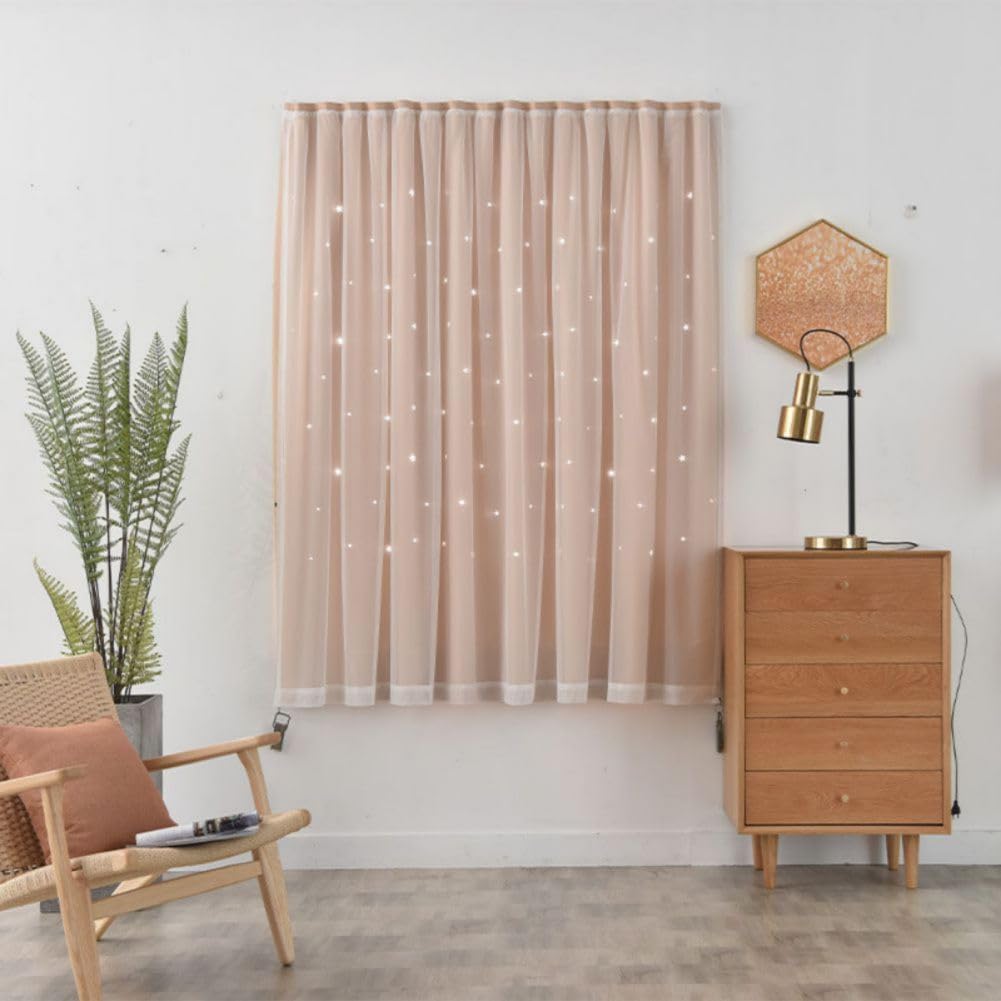 Maritown Self Adhesive Blackout Curtain Stick On No Drilling Window Curtains Double Layer Thermal Insulated Hollow Stars Kids Curtains for Nursery Bedroom Living Room (Beige, 150W x 200H cm)